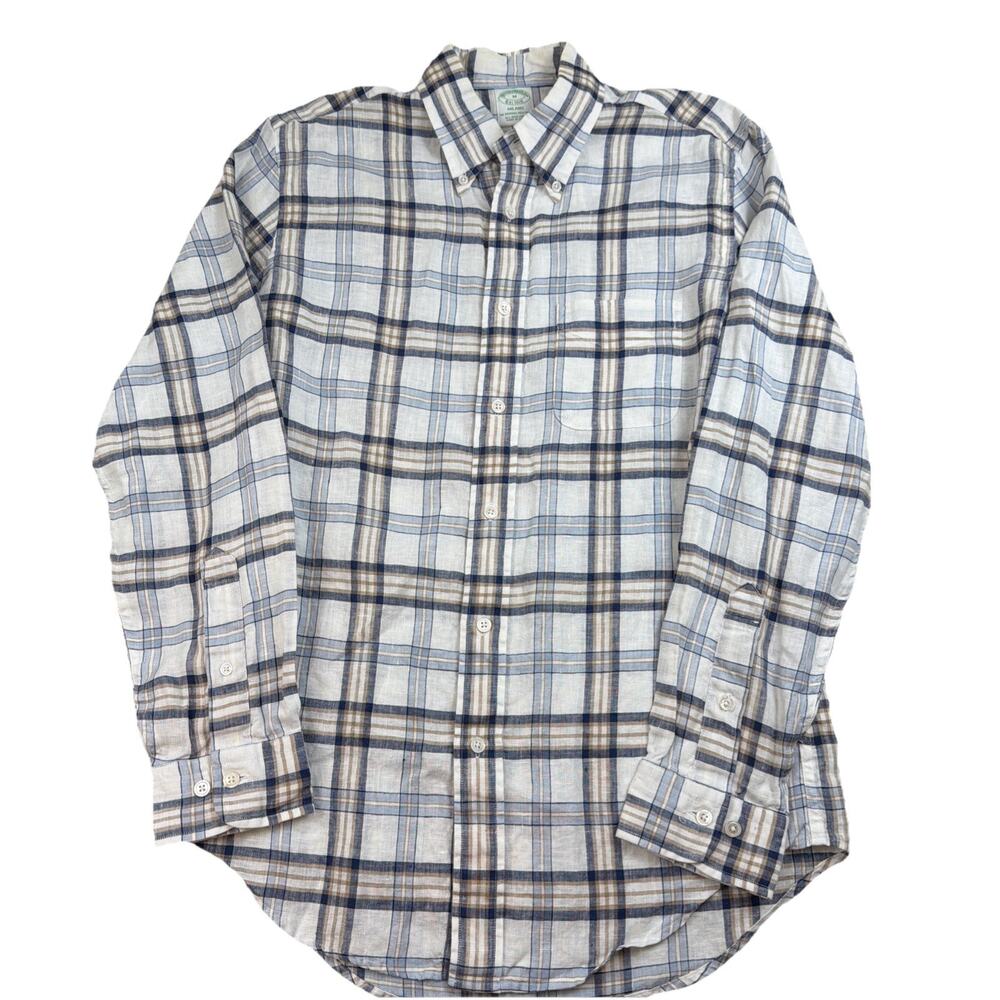 Brooks Brothers Milano SLIM Fit Shirt Mens‎ Medium Blue Plaid Linen Baird Mcnutt